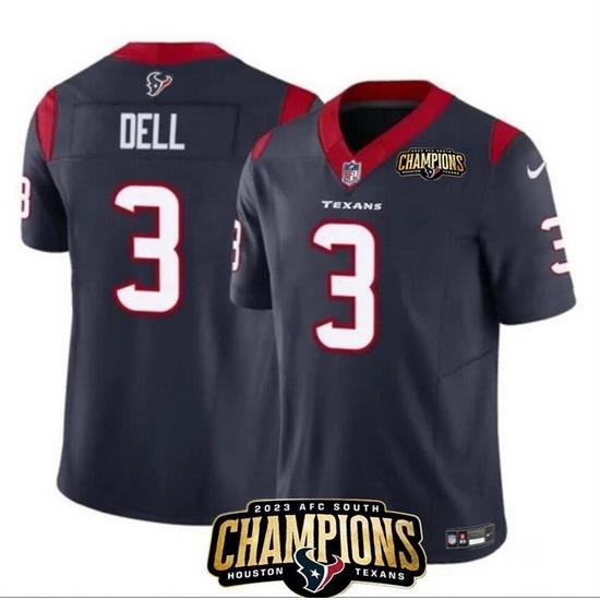 Men Houston Texans 3 Tank Dell Navy 2023 F U S E  AFC South Champions Patch Vapor Untouchable Limited Stitched Football Jersey