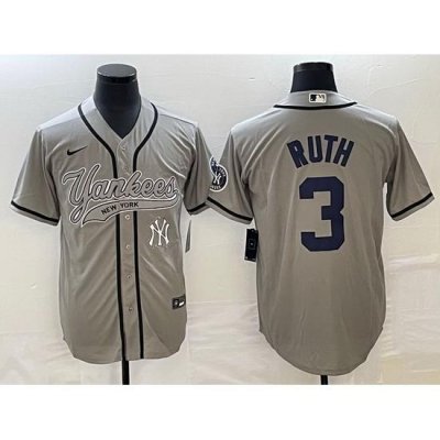 Men NeW York Yankees 3 Babe Ruth Gray With Patch Cool Base Stitched Baseball Jersey