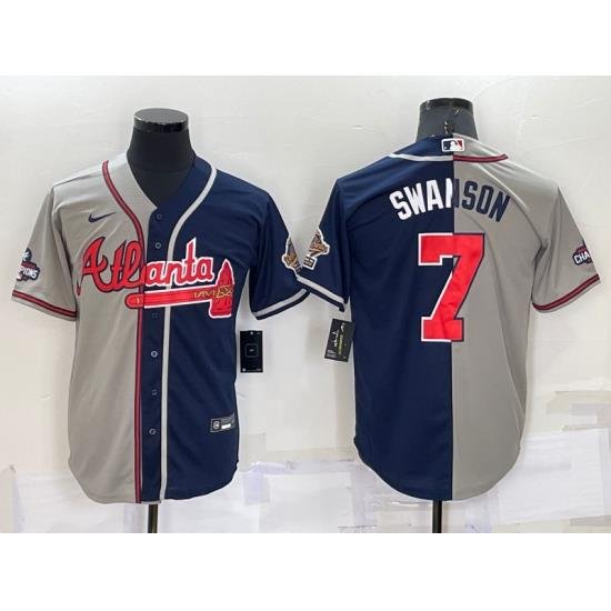 Men Atlanta Braves 7 Dansby SWanson Gray Navy TWo Tone Split Cool Base Stitched Baseball Jersey