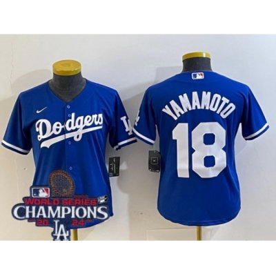 Women Nike Los Angeles Dodgers Yoshinobu Yamamoto #18 Blue Cool Base 2024 World Series Champions Stitched MLB Jersey