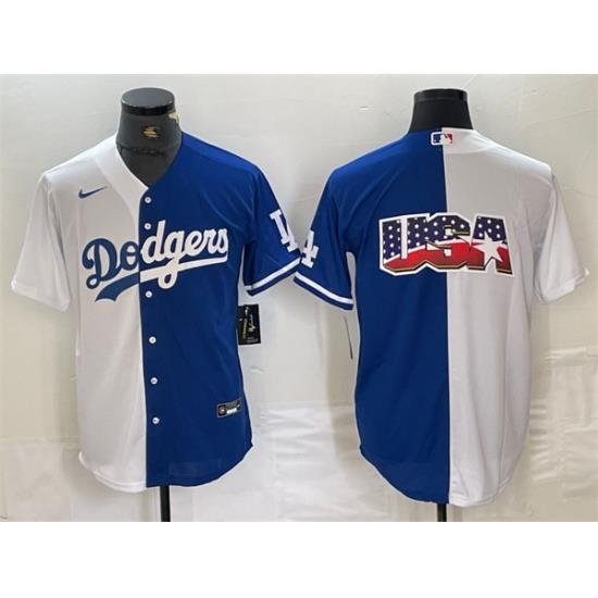 Men Los Angeles Dodgers Team Big Logo White Blue Split Cool Base Stitched Baseball Jersey 3