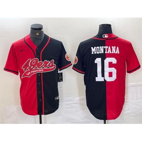 Men San Francisco 49ers 16 Joe Montana Red Black Split With Patch Cool Base Stitched Baseball Jersey