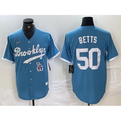 Men Los Angeles Dodgers 50 Mookie Betts Light Blue ThroWback Cool Base Stitched Baseball Jerseys