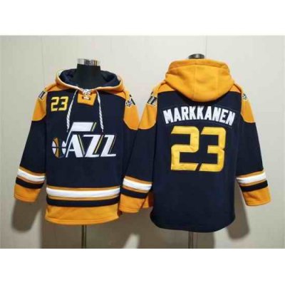 Men Utah Jazz 23 Lauri Markkanen Blue Grey Lace Up Pullover Hoodie