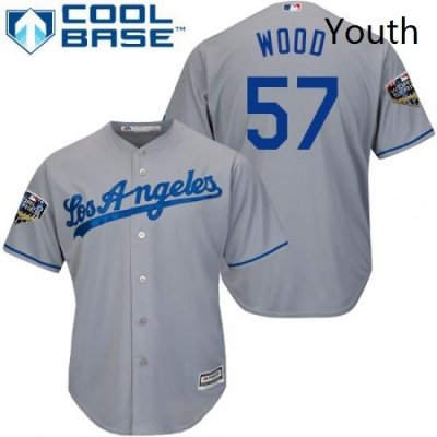 Youth Majestic Los Angeles Dodgers 57 Alex Wood Authentic Grey Road Cool Base 2018 World Series MLB Jersey