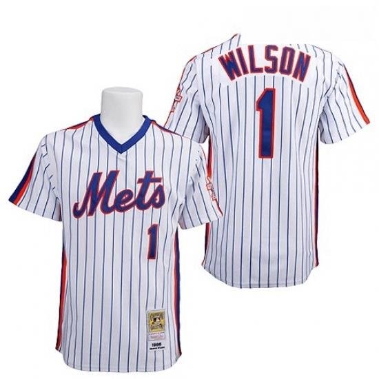 Mens Mitchell and Ness NeW York Mets 1 Mookie Wilson Authentic WhiteBlue Strip ThroWback MLB Jersey