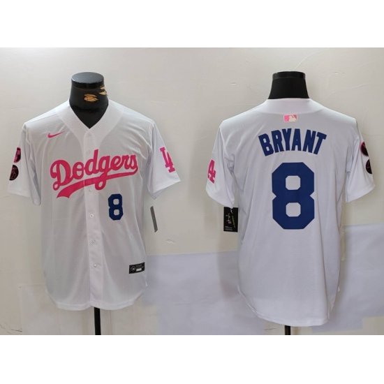 Men Los Angeles Dodgers 8 Kobe Bryant White Pink Vin  26 Kobe Patch Stitched Baseball Jersey 5