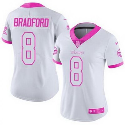 Nike Vikings #8 Sam Bradford White Pink Womens Stitched NFL Limited Rush Fashion Jersey