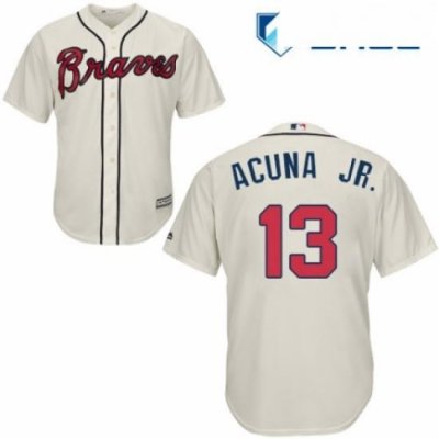 Youth Majestic Atlanta Braves 13 Ronald Acuna Jr Authentic Cream Alternate 2 Cool Base MLB Jersey