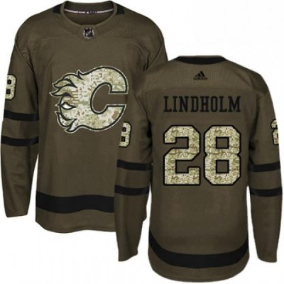 Mens Adidas Calgary Flames 28 Elias Lindholm Green Salute to Service Stitched NHL Jersey