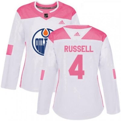 Womens Adidas Edmonton Oilers 4 Kris Russell Authentic WhitePink Fashion NHL Jersey