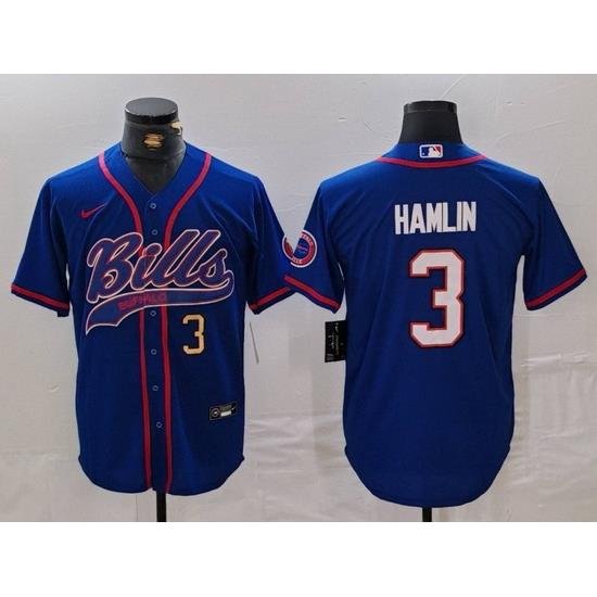 Men Buffalo Bills 3 Damar Hamlin Blue With Patch Cool Base Stitched Baseball Jersey 2