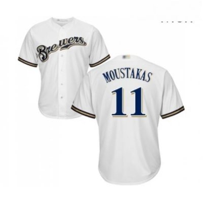 Mens Milwaukee Brewers 11 Mike Moustakas Replica White Alternate Cool Base Baseball Jersey