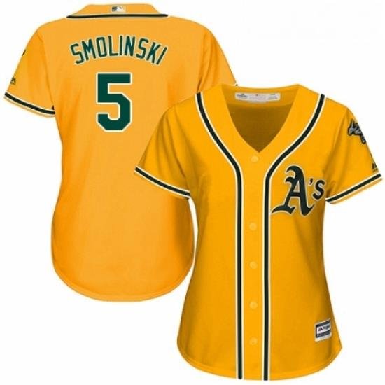 Womens Majestic Oakland Athletics 5 Jake Smolinski Authentic Gold Alternate 2 Cool Base MLB Jersey