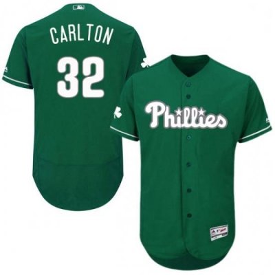 Mens Majestic Philadelphia Phillies 32 Steve Carlton Green Celtic Flexbase Authentic Collection MLB Jersey