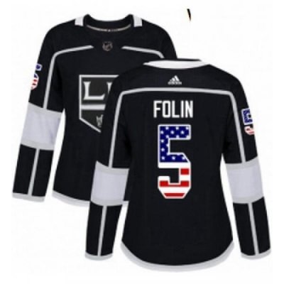 Womens Adidas Los Angeles Kings 5 Christian Folin Authentic Black USA Flag Fashion NHL Jersey