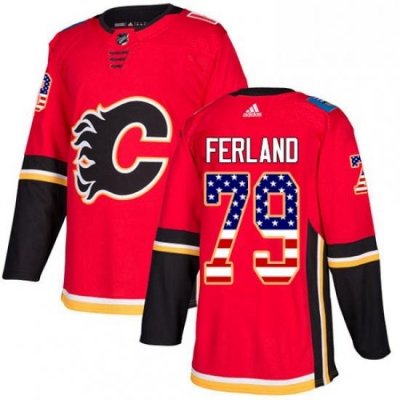 Mens Adidas Calgary Flames 79 Michael Ferland Authentic Red USA Flag Fashion NHL Jersey