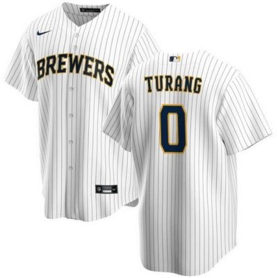 Men Milwaukee Brewers 0 Brice Turang White Cool Base Stitched Jersey