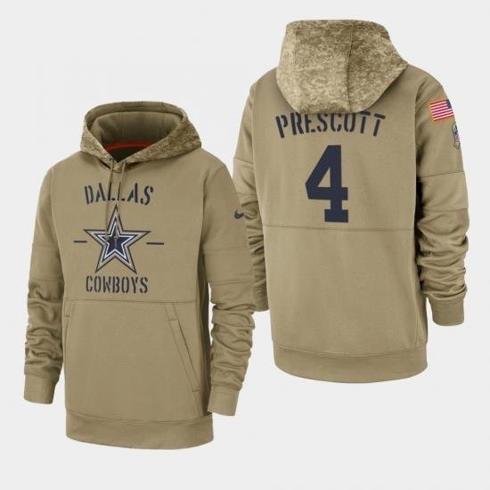 Mens Dallas Cowboys 4 Dak Prescott 2019 Salute to Service Sideline Therma Pullover Hoodie Tan