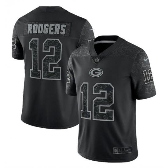 Men Green Bay Packers 12 Aaron Rodgers Black Reflective Limited Stitched Football Jersey