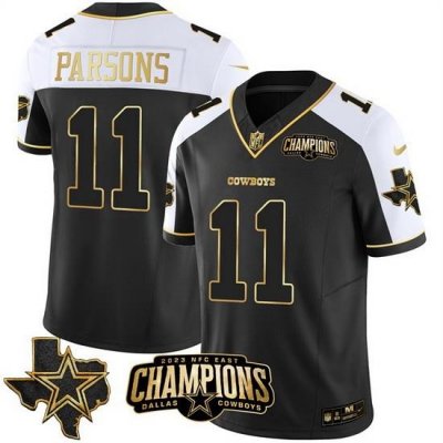 Men Dallas Cowboys 11 Micah Parsons Black White Gold 2023 F U S E  NFC East Champions Patch Stitched Football Jersey