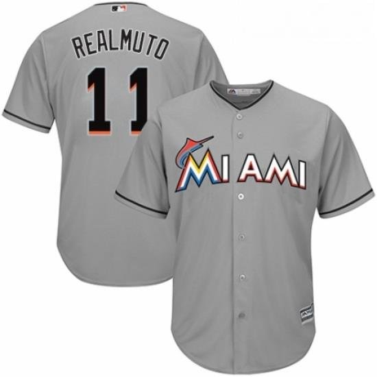 Youth Majestic Miami Marlins 11 J T Realmuto Replica Grey Road Cool Base MLB Jersey