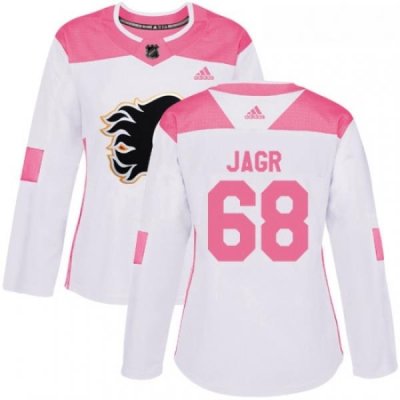 Womens Adidas Calgary Flames 68 Jaromir Jagr Authentic WhitePink Fashion NHL Jersey