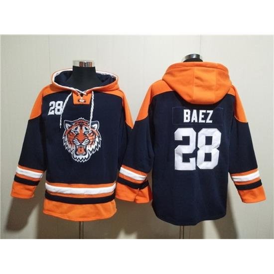 Men Detroit Tigers 28 Javier B E1ez Navy Lace Up Pullover Hoodie