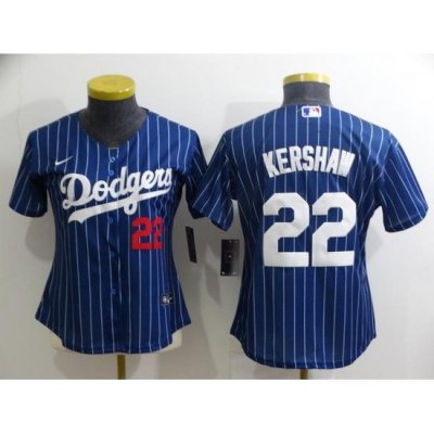 Women's Los Angeles Dodgers #22 Clayton KershaW Navy Blue Pinstripe Stitched MLB Cool Base Nike Jersey