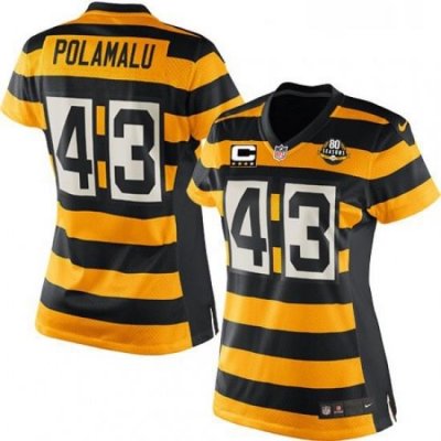 Womens Nike Pittsburgh Steelers 43 Troy Polamalu Elite YellowBlack Alternate 80TH Anniversary Throwback C Patch NFL Jersey