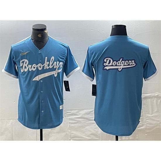 Men Los Angeles Dodgers Team Big Logo Light Blue ThroWback Cool Base Stitched Baseball Jersey 3