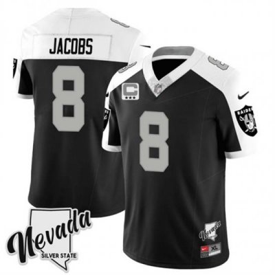 Men Las Vegas Raiders 8 Josh Jacobs Black White 2023 F U S E Nevada Silver Stat With 3 Star C Patch Stitched Football Jersey