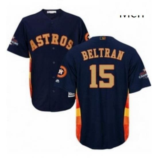 Mens Majestic Houston Astros 15 Carlos Beltran Replica Navy Blue Alternate 2018 Gold Program Cool Base MLB Jersey