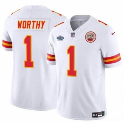 Men   Kansas City Chiefs 1 Xavier Worthy White F U S E With Draft Patch Vapor Untouchable Limited Stitched Football Jersey