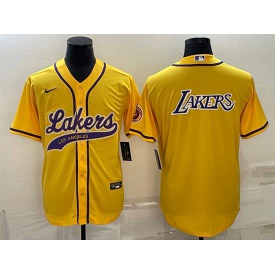 Men Los Angeles Lakers Yellow Big Logo Cool Base Stitched Baseball JerseyS