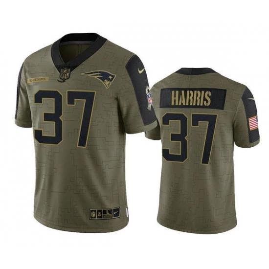 Men New England Patriots 37 Damien Harris 2021 Olive Salute To Service Limited Stitched Jersey