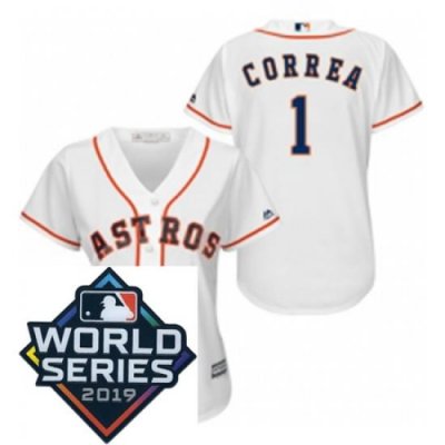 Womens Majestic Houston Astros 1 Carlos Correa White Home Cool Base Sitched 2019 World Series Patch Jersey