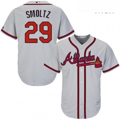 Mens Majestic Atlanta Braves 29 John Smoltz Replica Grey Road Cool Base MLB Jersey