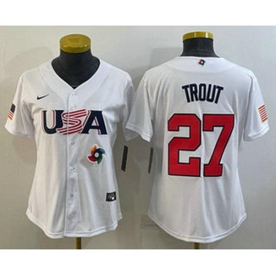 Women's USA Baseball #27 Mike Trout 2023 White World Classic Replica Stitched Jersey I