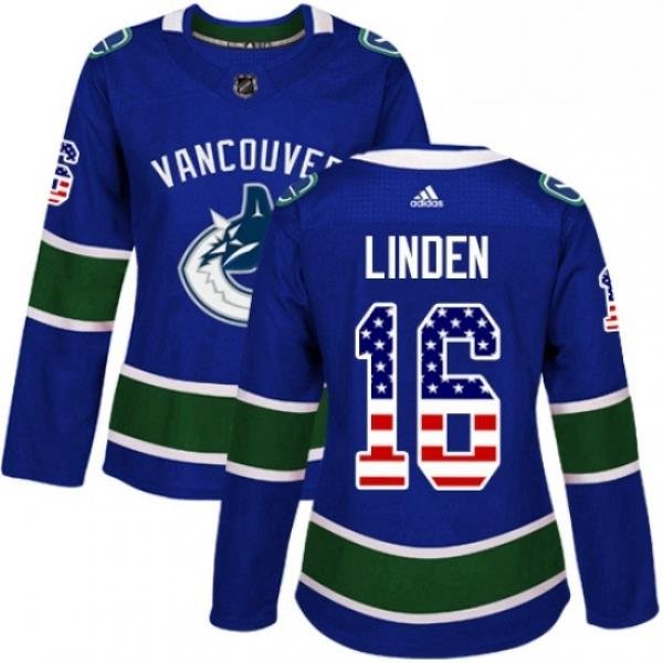 Womens Adidas Vancouver Canucks 16 Trevor Linden Authentic Blue USA Flag Fashion NHL Jersey