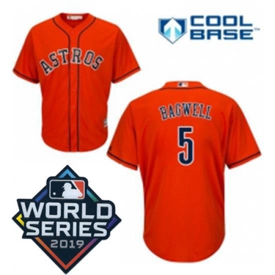 Youth Majestic Houston Astros 5 Jeff BagWell Orange Alternate Cool Base Sitched 2019 World Series Patch Jersey