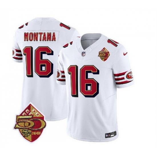 Men San Francisco 49ers 16 Joe Montana White 2023 F U S E  50th Patch Throwback Stitched Football Jersey