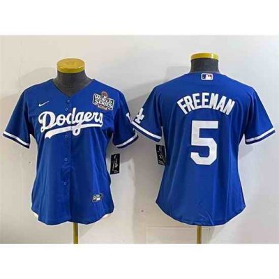 Women Los Angeles Dodgers 5 Freddie Freeman Royal 2024 World Series Cool Base Stitched Baseball Jersey