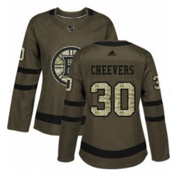 Womens Adidas Boston Bruins 30 Gerry Cheevers Authentic Green Salute to Service NHL Jersey