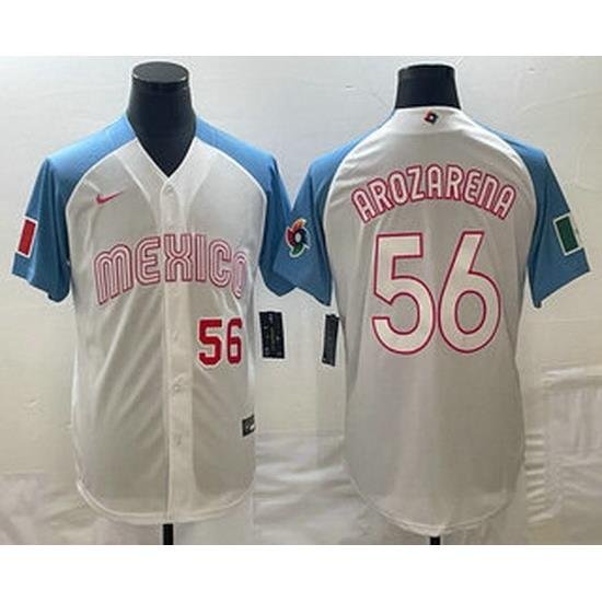 Mens Mexico Baseball #56 Randy Arozarena Number 2023 White Blue World Classic Stitched Jersey