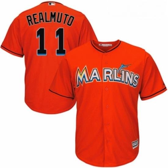 Youth Majestic Miami Marlins 11 J T Realmuto Authentic Orange Alternate 1 Cool Base MLB Jersey