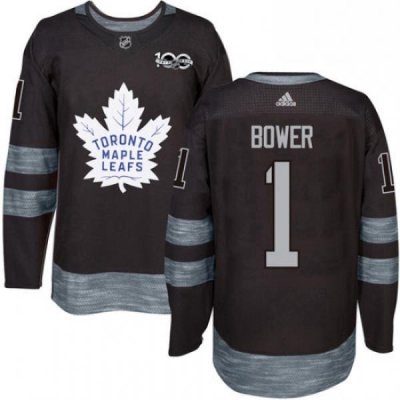 Mens Adidas Toronto Maple Leafs 1 Johnny Bower Authentic Black 1917 2017 100th Anniversary NHL Jersey