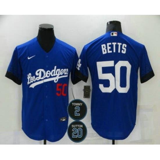 Men Los Angeles Dodgers 50 Mookie Betts Blue 2 20 Patch City Connect Number Cool Base Stitched Jersey