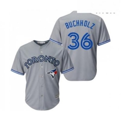 Mens Toronto Blue Jays 36 Clay Buchholz Replica Grey Road Baseball Jersey