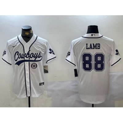 Men Dallas Cowboys 88 CeeDee Lamb White With Patch Cool Base Stitched Baseball Jersey 7